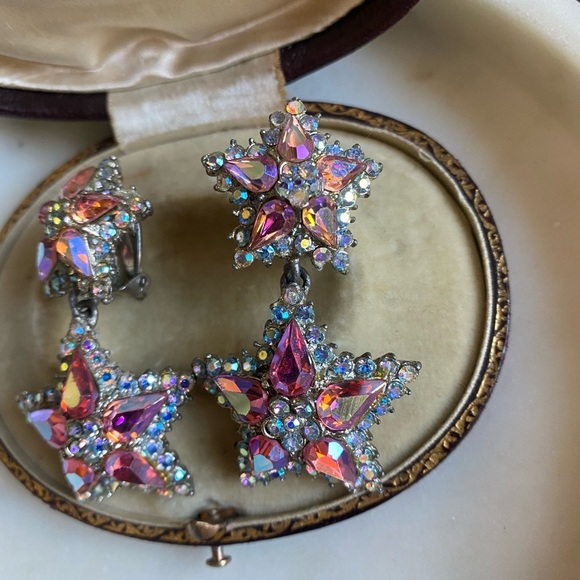 Vintage Thelma Deutsch Earrings pink/Star with AB Rhinestones Clip On ea… - Picture 9 of 13